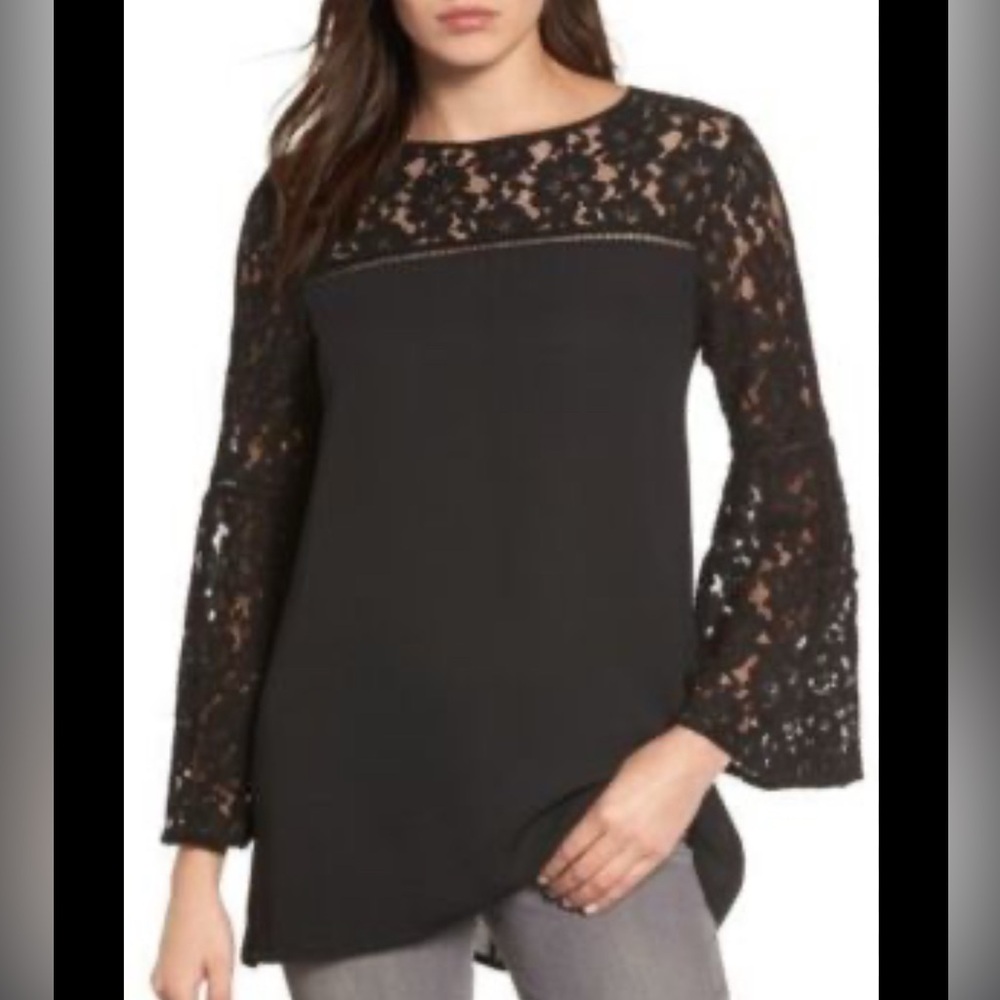 Halogen Black Lace Tunic Top bell sleeve size small flutter